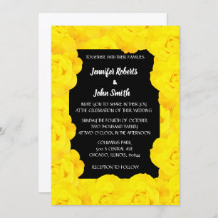 Invitation Jaune Black Floral QR Code Rose Fleurs Mariage