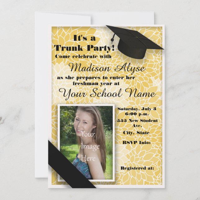Invitation Jaune Black Floral Trunk College Party Photo (Devant)