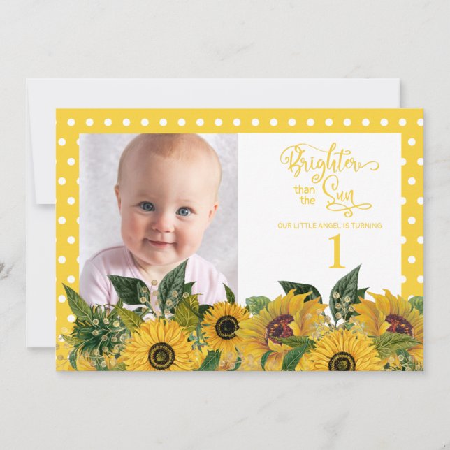 Invitation Jaune Blanc Pois Tournesols Premier anniversaire (Devant)