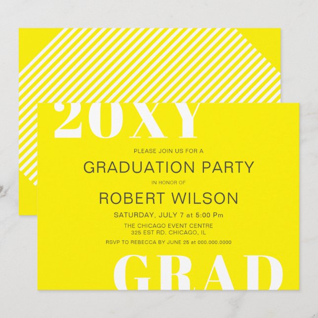 Invitation Jaune Blanc Téméraire Typographie Parti de Graduat (Devant / Derrière)
