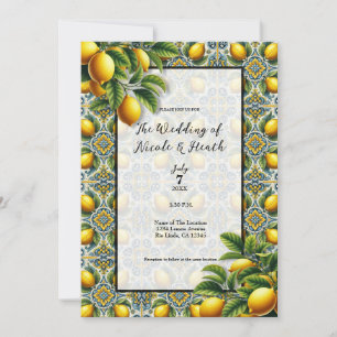 Invitation Jaune Bleu Capri Citron Méditerranéen Carreau Mari