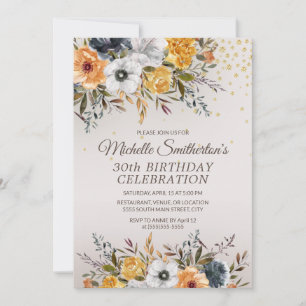 Invitation Jaune Bleu Marine Blanc Floral 30e Anniversaire