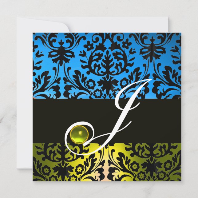 Invitation JAUNE BLEU NOIR DAMASQUE MONOGRAMME Topaze (Devant)