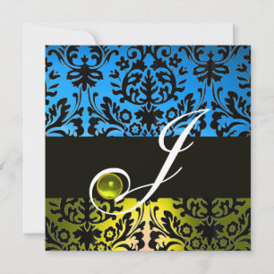 Invitation JAUNE BLEU NOIR DAMASQUE MONOGRAMME Topaze