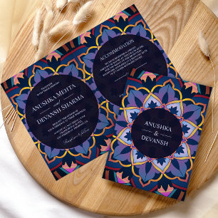 Invitation Jaune Bleu Violet Mandala Ethnique Mariage Indien