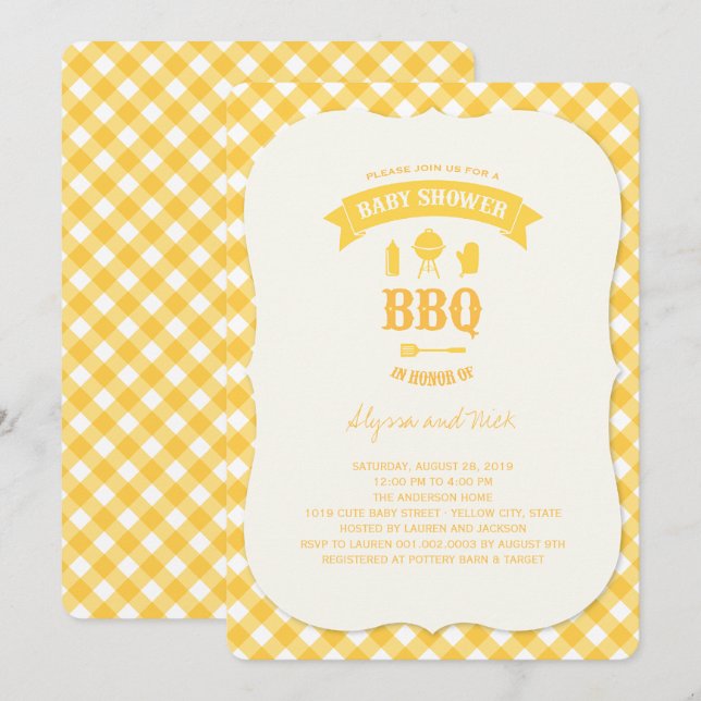 Invitation Jaune Chèques BBQ Neutre Baby shower été fête (Devant / Derrière)