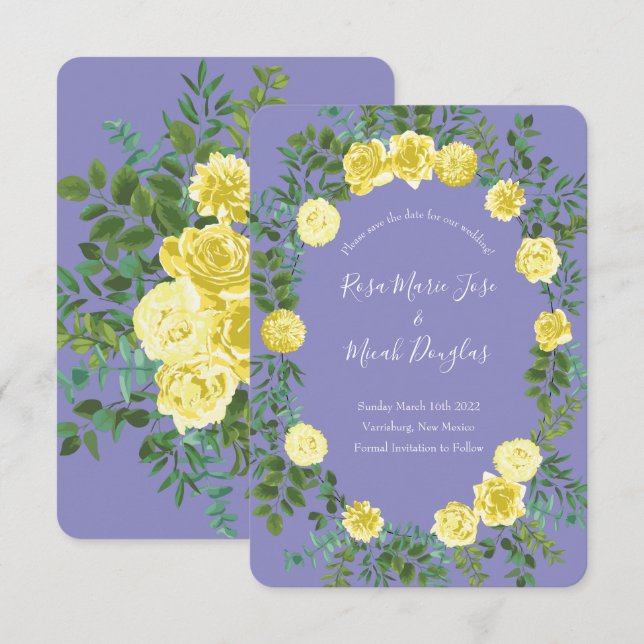 Invitation Jaune Clair & Bleu Péruvienne Mariage Enregistrer  (Devant / Derrière)