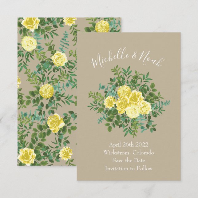 Invitation Jaune clair et Mariage écru Khaki Date de sauvegar (Devant / Derrière)