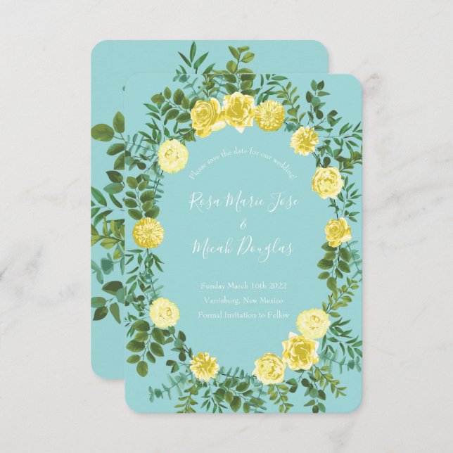 Invitation Jaune Clair & Rose Aqua Sarcelle Date de Mariage E (Devant / Derrière)