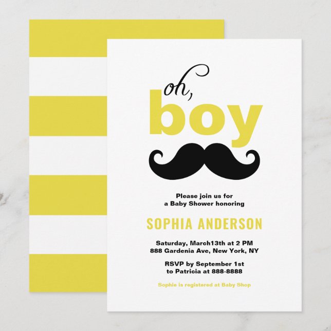 Invitation Jaune classique C'est un Baby shower de moustache  (Devant / Derrière)