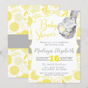 Invitation Jaune Dahlias Baby Elephant Baby shower garçon