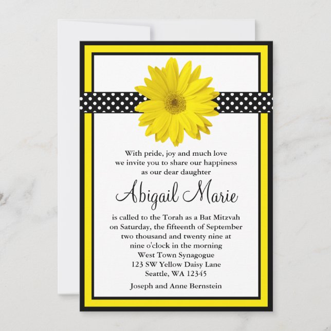 Invitation Jaune Daisy Pois noir Bat mitzvah (Devant)