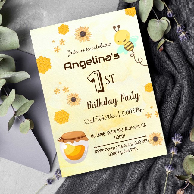 Invitation Jaune de 1er anniversaire de la petite abeille mig (Créateur téléchargé)