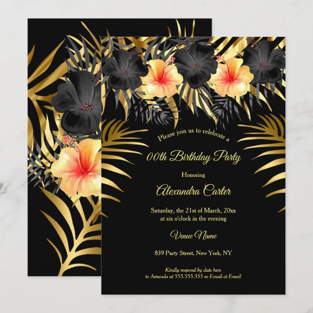 Invitation Jaune d'or noir Hibiscus Tropical Floral Party (Devant / Derrière)
