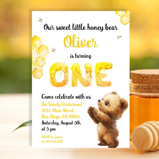 Invitation Jaune doux premier anniversaire Ours de miel (Créateur téléchargé)