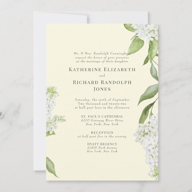 Invitation Jaune Elegant Blanc Hydrangea Mariage (Devant)