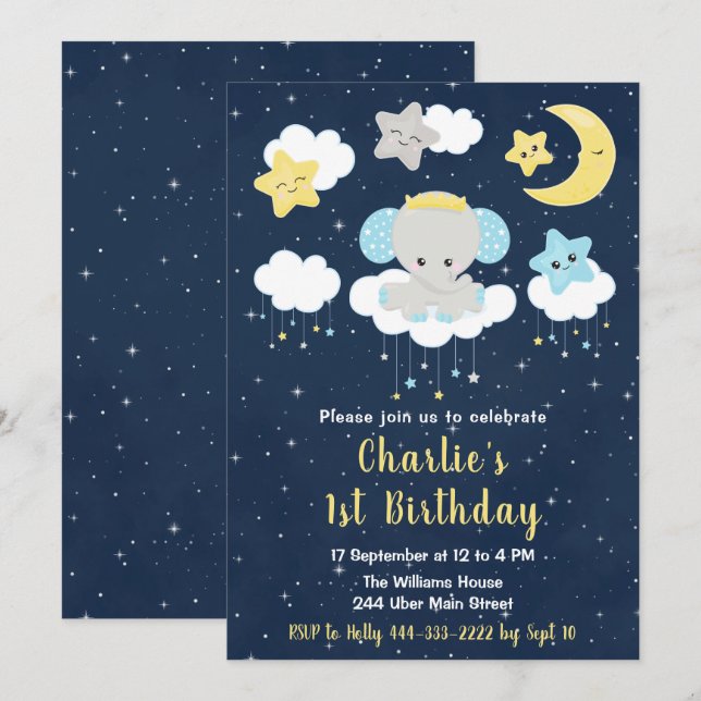 Invitation Jaune éléphant et bleu marine fête d'anniversaire (Devant / Derrière)