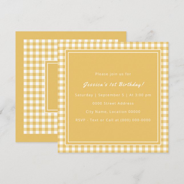 Invitation Jaune En vichy Monogramme fête d'anniversaire (Devant / Derrière)