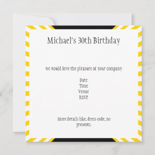 Invitation Jaune et blanc rayures rétro avec anniversaire noi