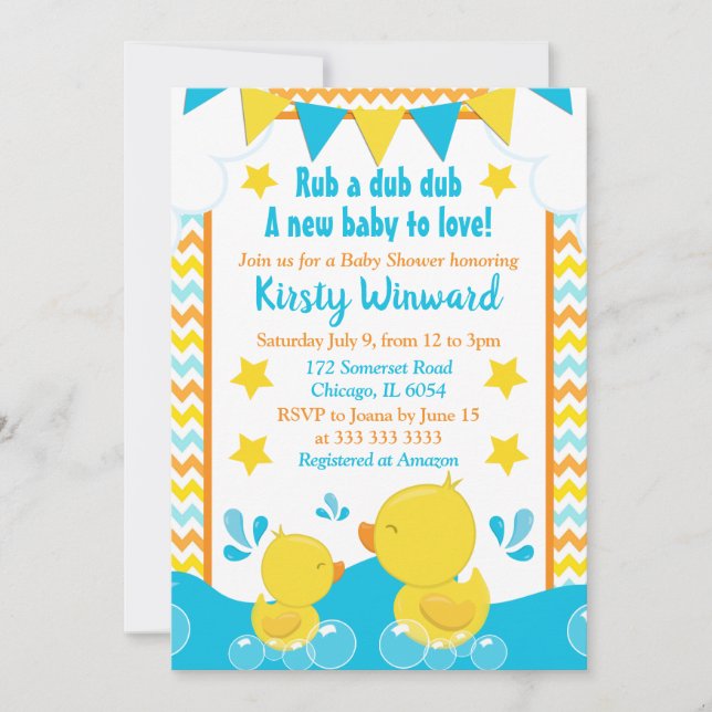 Invitation Jaune et Bleu Caoutchouc Ducky Polka Dot Baby show (Devant)