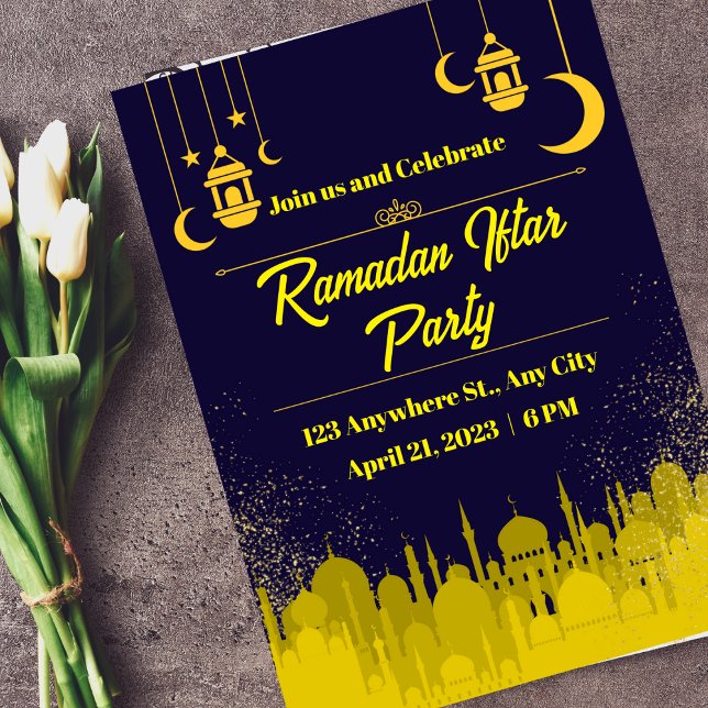 Invitation Jaune et bleu foncé Ramadan Iftar Party (Créateur téléchargé)