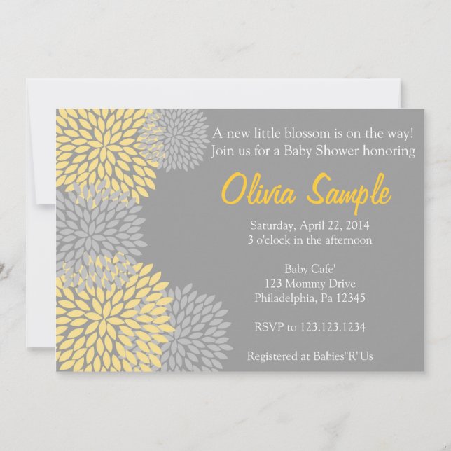 Invitation jaune et grise de baby shower de dahlia (Devant)