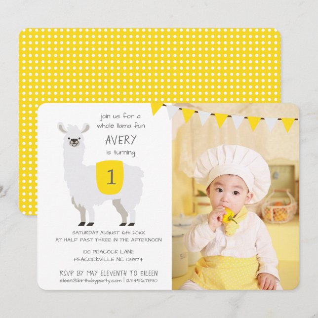 Invitation Jaune et ivoire Cute Llama Anniversaire de enfant  (Devant / Derrière)