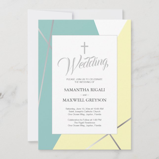 Invitation Jaune et Mint Green Mariage chrétien (Devant)
