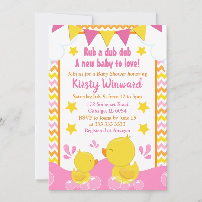 Invitation Jaune et rose en caoutchouc Ducky Polka Dot Baby s (Devant)
