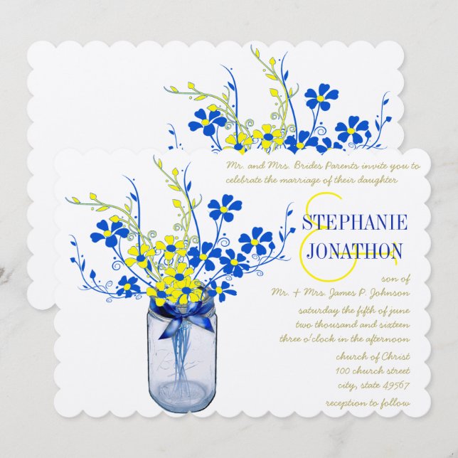 Invitation Jaune et Royal Blue Mason Jar Fleur sauvage Mariag (Devant / Derrière)