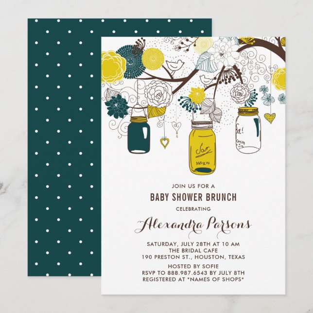 Invitation Jaune et Turquoise Mason jarres Baby shower Floral (Devant / Derrière)