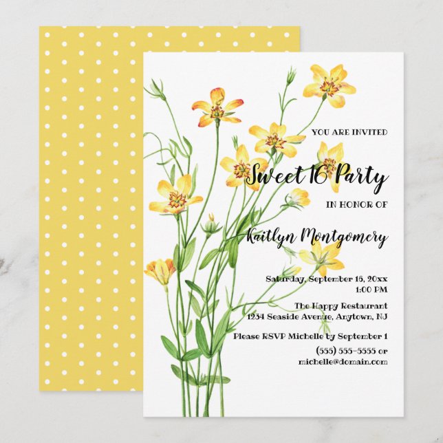 Invitation Jaune Fleur sauvage douce 16 Anniversaire (Devant / Derrière)