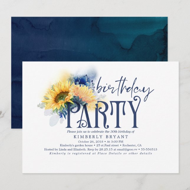 Invitation Jaune Fleurs de soleil Elégante Marine Bleue Anniv (Devant / Derrière)