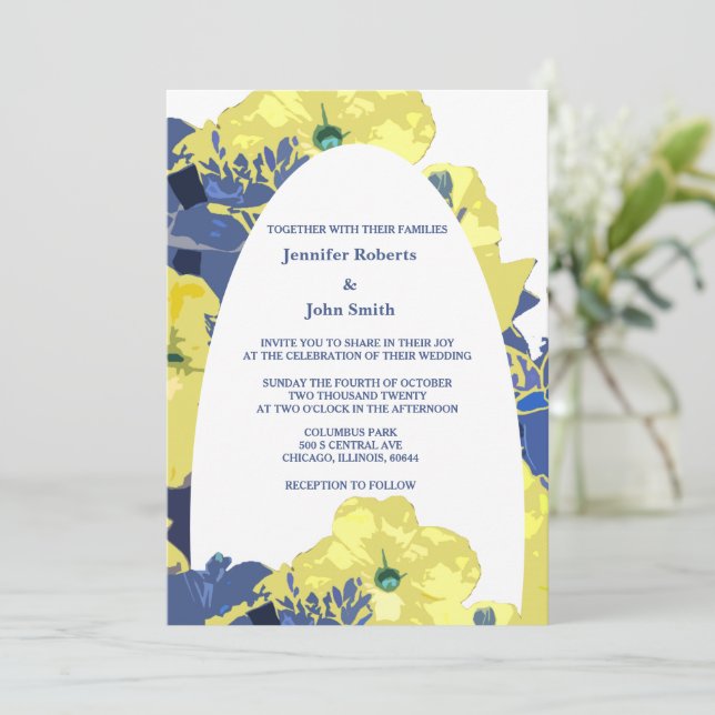 Invitation Jaune Floral Bleu Bleu Personnalisé Arc Mariage (Debout devant)