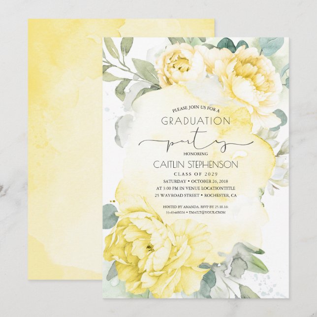 Invitation Jaune Floral Botanique Verdure Graduation (Devant / Derrière)