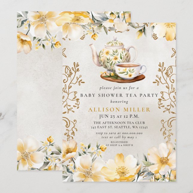 Invitation Jaune Floral Genre neutre Baby shower de thé (Devant / Derrière)