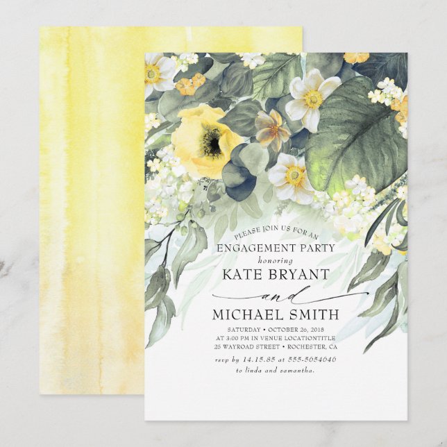 Invitation Jaune Floral moderne d'engagement (Devant / Derrière)
