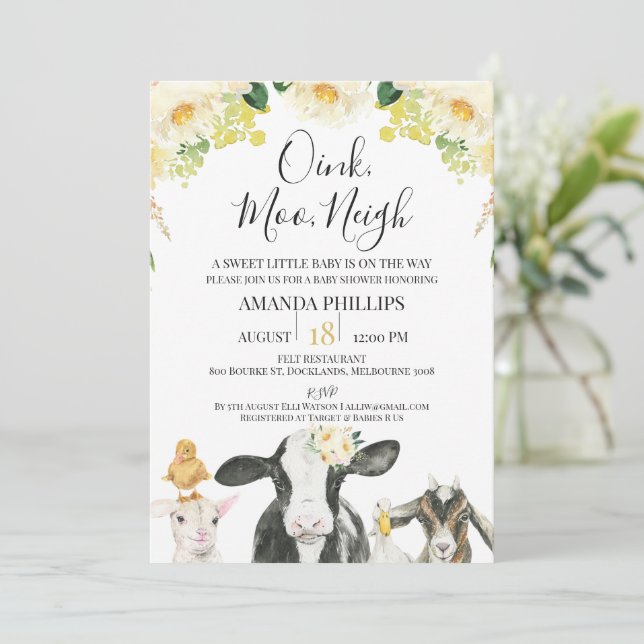 Invitation Jaune Floral Rose Moo Neigh Baby shower agricole (Debout devant)