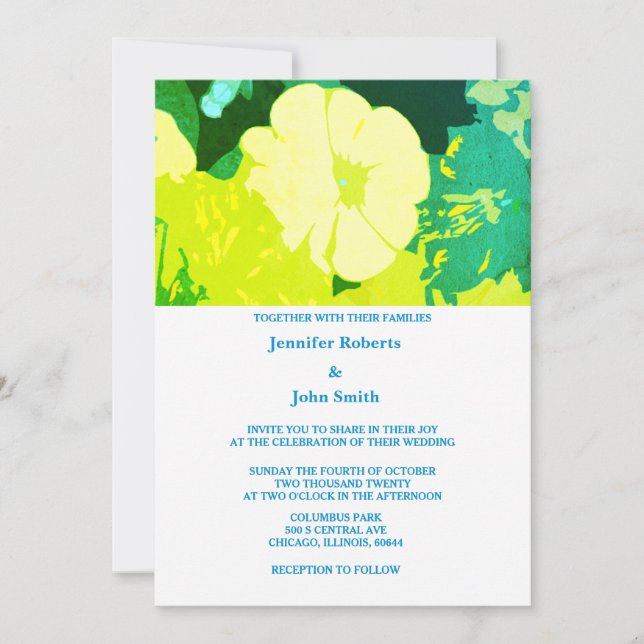 Invitation Jaune Floral Vert Bleu Feuille Art Boho Mariage (Devant)