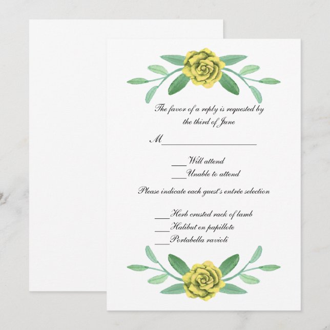 Invitation Jaune Floral Vert Feuillage Mariage Réponse (Devant / Derrière)