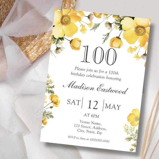 Invitation Jaune Florale 100e Anniversaire (Créateur téléchargé)