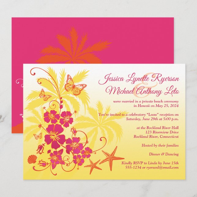 Invitation Jaune, Fuchsia, Mariage tropical orange (Devant / Derrière)