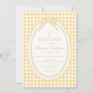 Invitation Jaune Gingham Coquette Noeud Baptême