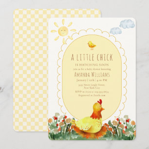 Invitation Jaune Gingham Fleurs de Campagne Baby Shower Poule
