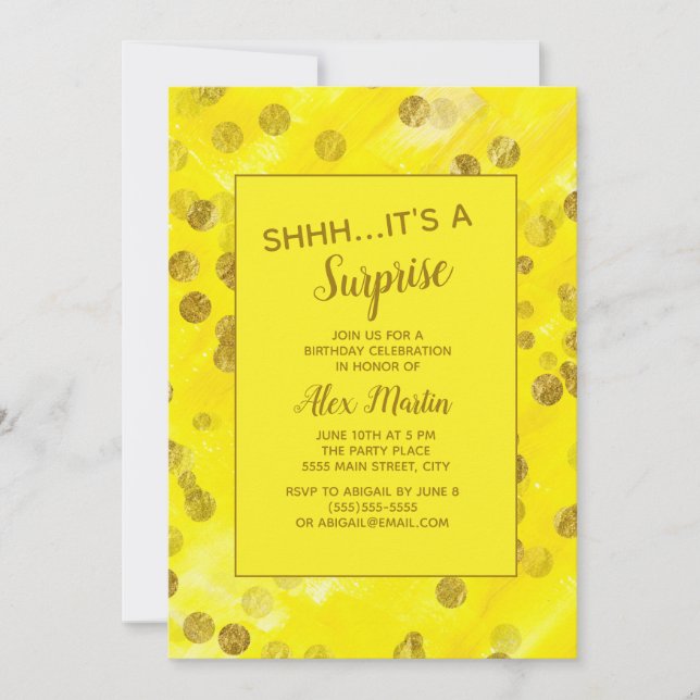 Invitation Jaune Gold Parties scintillant Surprise fête d'ann (Devant)