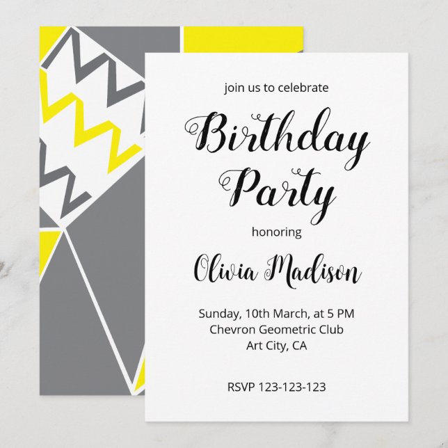 Invitation Jaune Grey Chevron Géométrique fête d'anniversaire (Devant / Derrière)