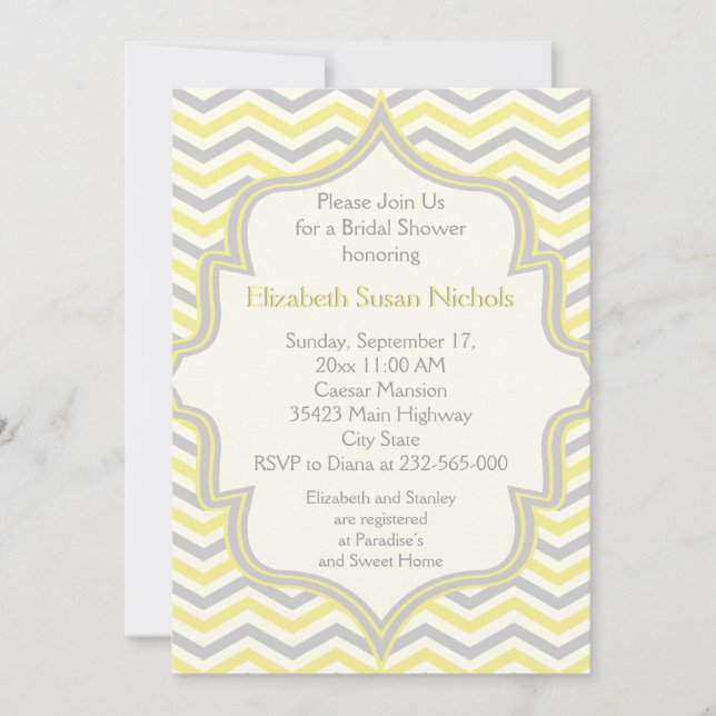 Invitation Jaune gris chevron zigzag mariage douche nuptiale (Devant)