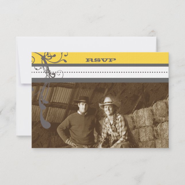 Invitation Jaune & Gris Fanky Gris Mariage Enregistrer la dat (Devant)