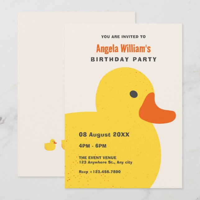 Invitation Jaune joli canard anniversaire (Devant / Derrière)