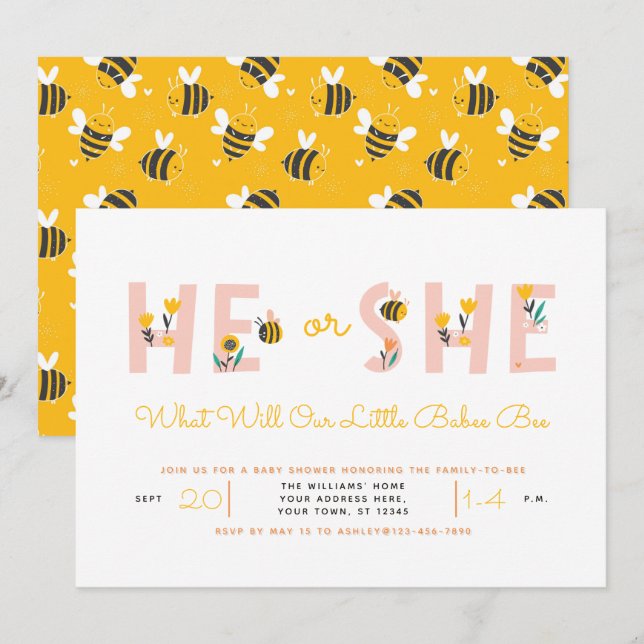 Invitation Jaune Lui ou Elle Ce que le bébé abeille révélera  (Devant / Derrière)